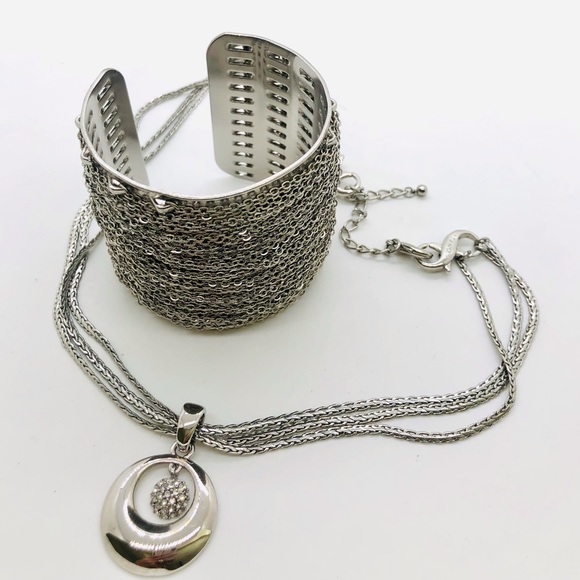 Vintage Silver Modernist Cuff Bracelet & Rhinestone Pendant necklace - Picture 8 of 13